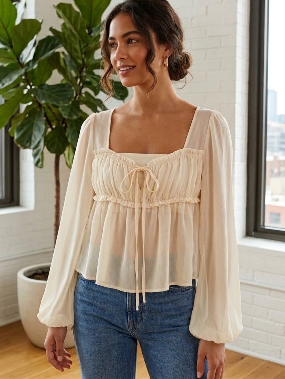Women's Cream Peasant Blouse - Lightweight Long Sleeve Top